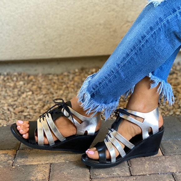 Distressed Leather Lace Up Kitten Wedge Sandal - Picture 9 of 12